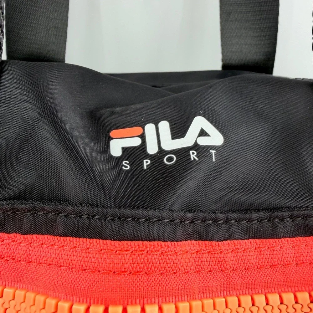 Fila Sport‎ Gym Duffel Bag Black Neon Orange Nylon Mesh Pockets Travel Bag